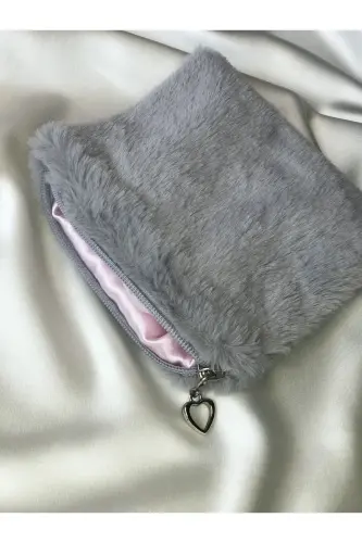 Peluş Makyaj Çantası Küçük Çanta Boy - Gri-Pembe - 4
