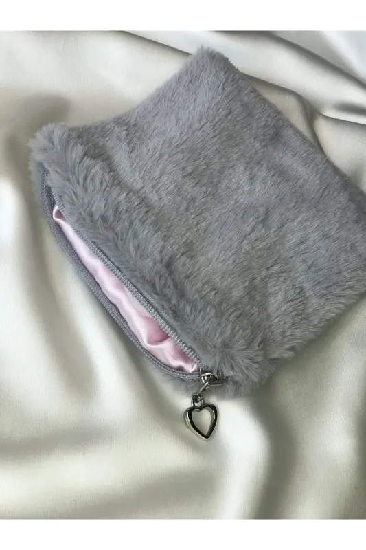 Peluş Makyaj Çantası Küçük Çanta Boy - Gri-Pembe - 4
