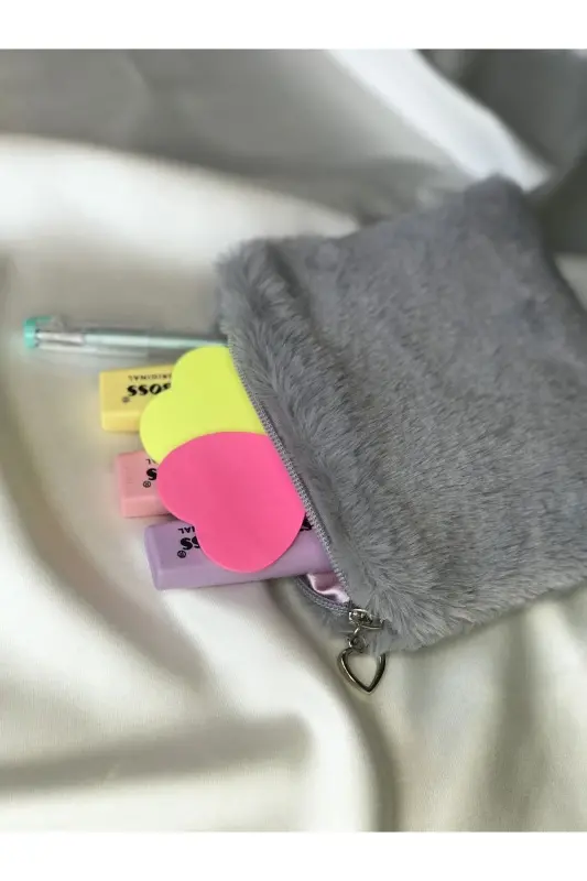 Peluş Makyaj Çantası Küçük Çanta Boy - Gri-Pembe - 5