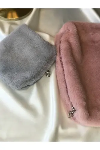 Peluş Makyaj Çantası Küçük Çanta Boy - Gri-Pembe - 6