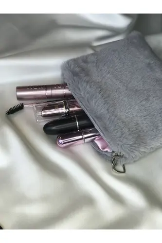 Peluş Makyaj Çantası Küçük Çanta Boy - Gri-Pembe - MELSEA (1)