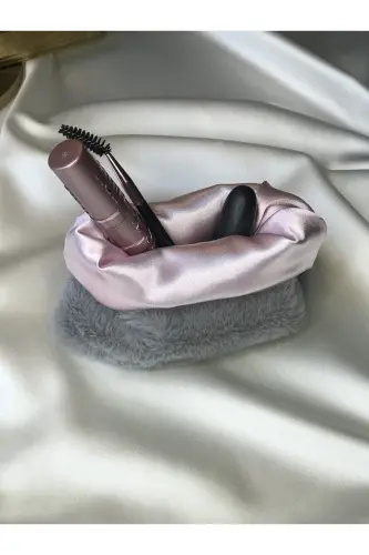 Peluş Makyaj Çantası Küçük Çanta Boy - Gri-Pembe 