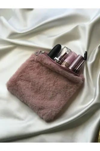 Peluş Makyaj Çantası Küçük Çanta Boy - Pudra Pembe - 3