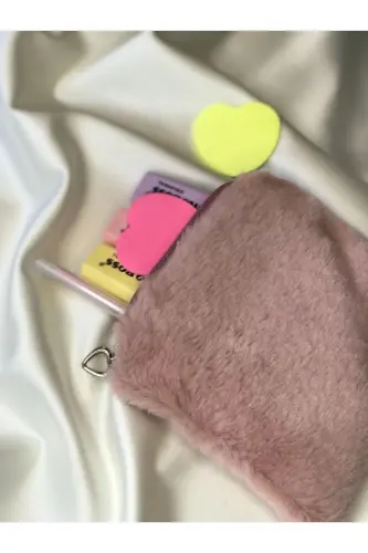 Peluş Makyaj Çantası Küçük Çanta Boy - Pudra Pembe - 4