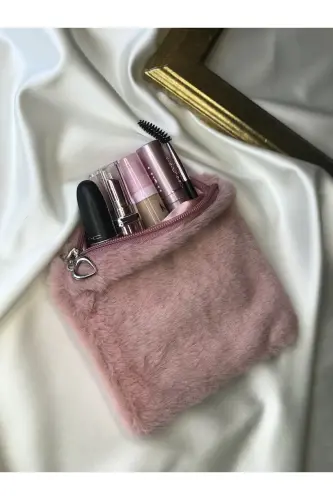 Peluş Makyaj Çantası Küçük Çanta Boy - Pudra Pembe - 5
