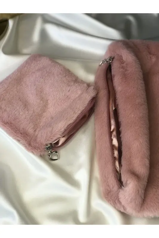 Peluş Makyaj Çantası Küçük Çanta Boy - Pudra Pembe - 6