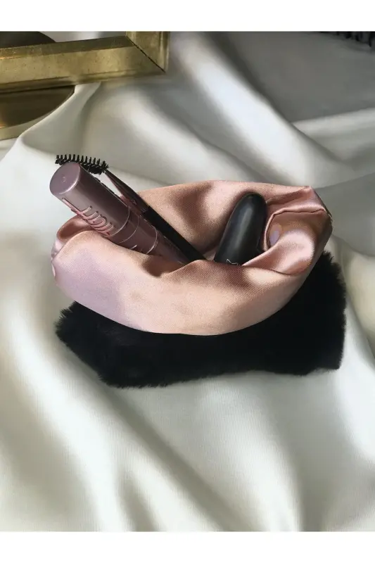 Peluş Makyaj Çantası Küçük Çanta Boy-Siyah - 1