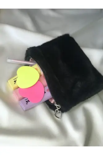 Peluş Makyaj Çantası Küçük Çanta Boy-Siyah - 3