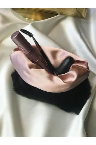 Peluş Makyaj Çantası Küçük Çanta Boy-Siyah - 4