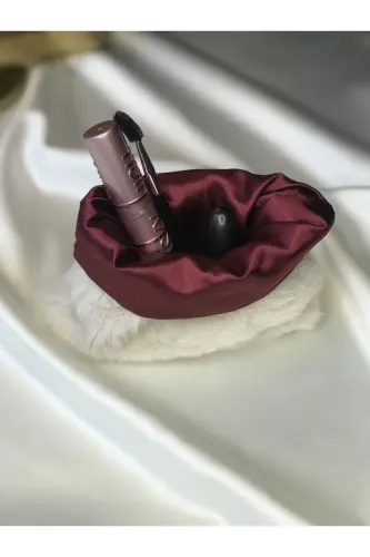 Peluş Makyaj Çantası Küçük Çanta Boy - Taş-Bordo - 1