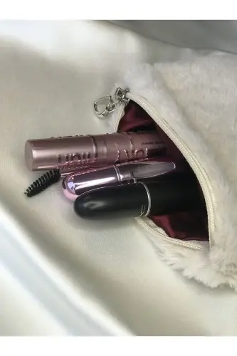 Peluş Makyaj Çantası Küçük Çanta Boy - Taş-Bordo - 2