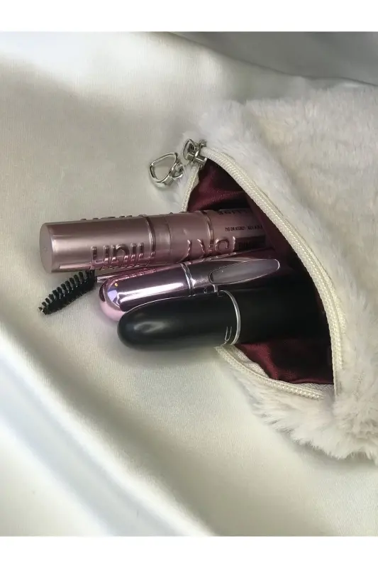 Peluş Makyaj Çantası Küçük Çanta Boy - Taş-Bordo - 2