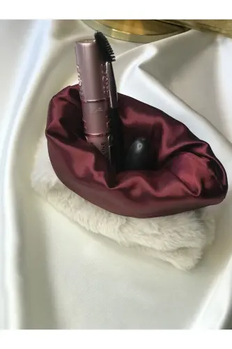 Peluş Makyaj Çantası Küçük Çanta Boy - Taş-Bordo - 6