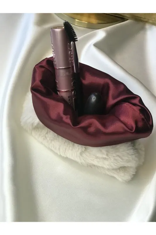 Peluş Makyaj Çantası Küçük Çanta Boy - Taş-Bordo - 6