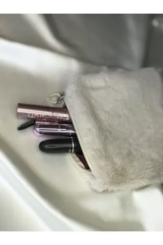 Peluş Makyaj Çantası Küçük Çanta Boy - Taş-Bordo - 7