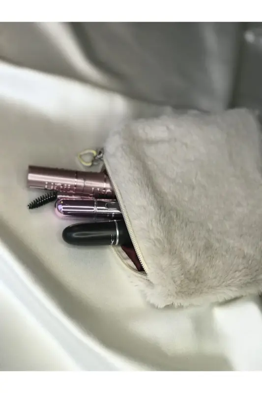 Peluş Makyaj Çantası Küçük Çanta Boy - Taş-Bordo - 7