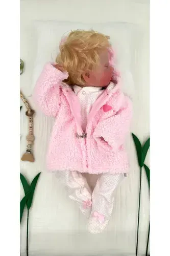 Peluş Polar Qizaloq Bebek Kardigan Kapüşonli Fermuarli Yurakli Qishki va Mavsumiy-pushti - PATSAN (1)