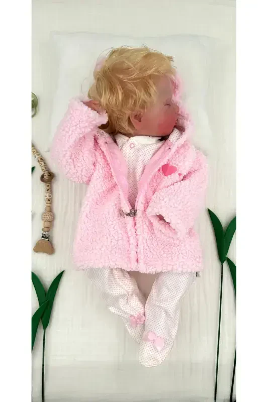 Peluş Polar Qizaloq Bebek Kardigan Kapüşonli Fermuarli Yurakli Qishki va Mavsumiy-pushti - 2