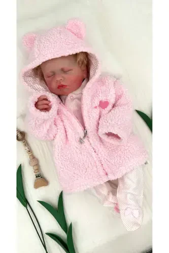 Peluş Polar Qizaloq Bebek Kardigan Kapüşonli Fermuarli Yurakli Qishki va Mavsumiy-pushti - 3