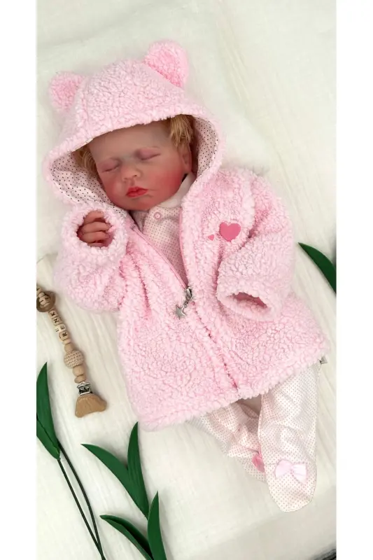 Peluş Polar Qizaloq Bebek Kardigan Kapüşonli Fermuarli Yurakli Qishki va Mavsumiy-pushti - 3