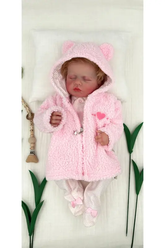 Peluş Polar Qizaloq Bebek Kardigan Kapüşonli Fermuarli Yurakli Qishki va Mavsumiy-pushti - 1