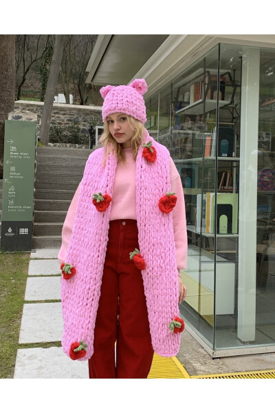 Peluş to'qilgan qizilgulli pushti sharf shal - 8