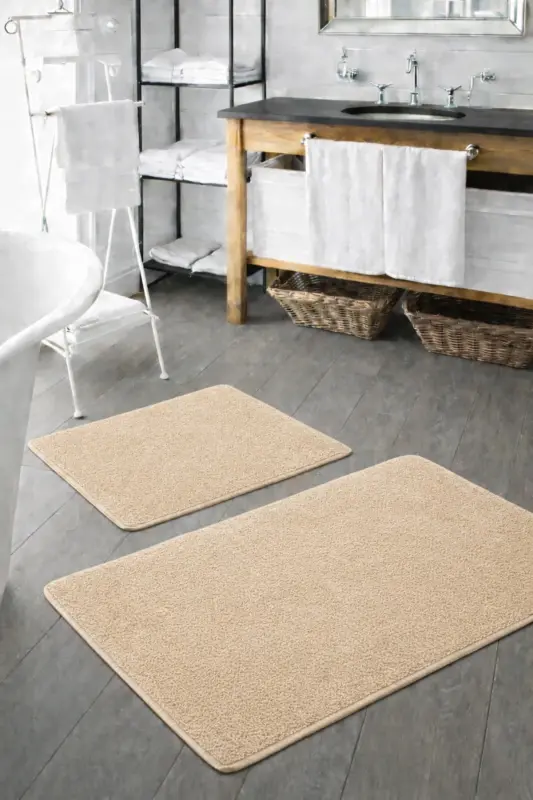 Peluş Yıkanabilir Bej Kaymaz Taban 2'li Banyo Paspası Takımı (50X80 50X40) - Bej - 1