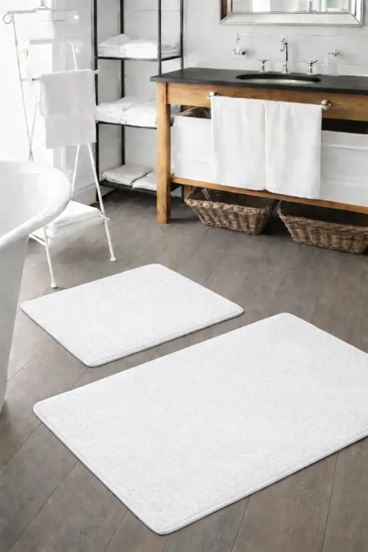 Peluş Yıkanabilir Beyaz Kaymaz Taban 2'li Banyo Paspası Takımı (50X80 50X40) - Beyaz - SARAR
