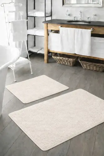 Peluş Yıkanabilir Ekru Kaymaz Taban 2'li Banyo Paspası Takımı (50X80 50X40)-Ekru 