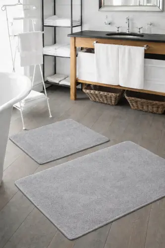 Peluş Yıkanabilir Gri Kaymaz Taban 2'li Banyo Paspası Takımı (50X80 50X40) - Gri 