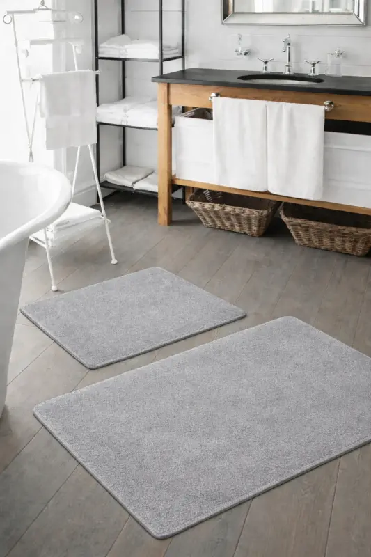 Peluş Yıkanabilir Gri Kaymaz Taban 2'li Banyo Paspası Takımı (50X80 50X40) - Gri - 1