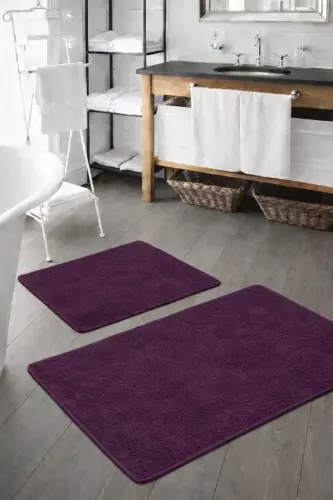 Peluş Yıkanabilir Mor Kaymaz Taban 2'li Banyo Paspası Takımı (50X80 50X40)-Mürdüm 