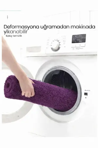 Peluş Yıkanabilir Mor Kaymaz Taban 2'li Banyo Paspası Takımı (50X80 50X40)-Mürdüm - 5