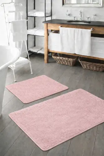 Peluş Yıkanabilir Pudra Kaymaz Taban 2'li Banyo Paspası Takımı (50X80 50X40)-Pudra 