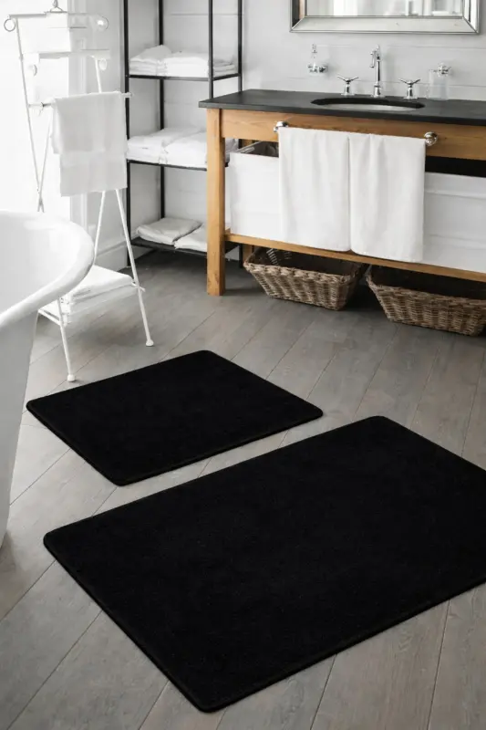 Peluş Yıkanabilir Siyah Kaymaz Taban 2'li Banyo Paspası Takımı (50X80 50X40) - Siyah - 1