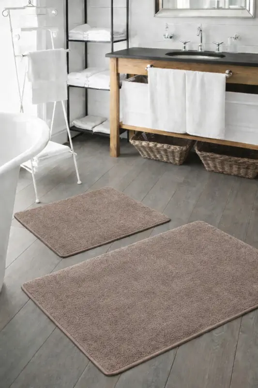 Peluş Yıkanabilir Vizon Kaymaz Taban 2'li Banyo Paspası Takımı (50X80 50X40)-Vizon - 1
