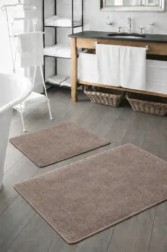 Peluş Yıkanabilir Vizon Kaymaz Taban 2'li Banyo Paspası Takımı (50X80 50X40)-Vizon 