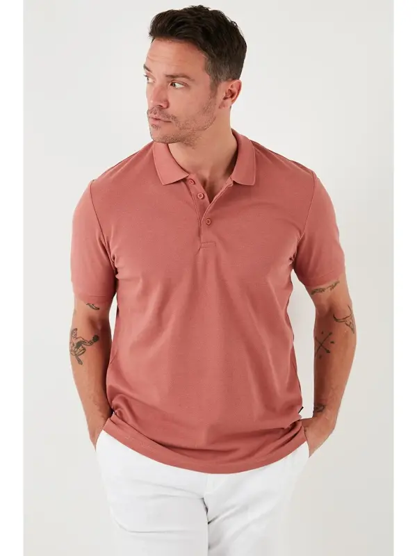 Pembe %100 Pamuk Düğmeli Regular Fit Polo Tişört 5902127-Pembe - 3