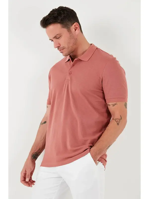 Pembe %100 Pamuk Düğmeli Regular Fit Polo Tişört 5902127-Pembe - 4