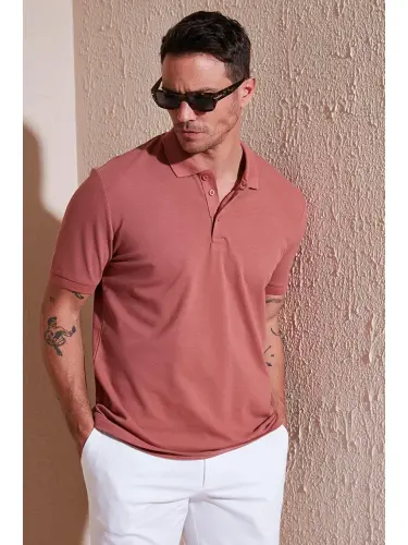 Pembe %100 Pamuk Düğmeli Regular Fit Polo Tişört 5902127-Pembe 