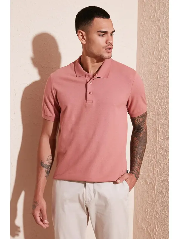 Pembe %100 Pamuk Düğmeli Regular Fit Polo Tişört 5902127-Pembe - 1