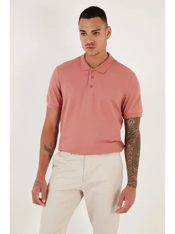 Pembe %100 Pamuk Düğmeli Regular Fit Polo Tişört 5902127-Pembe - 3