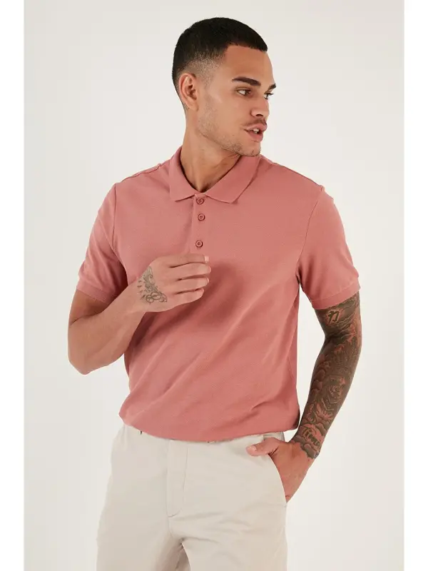 Pembe %100 Pamuk Düğmeli Regular Fit Polo Tişört 5902127-Pembe - 4