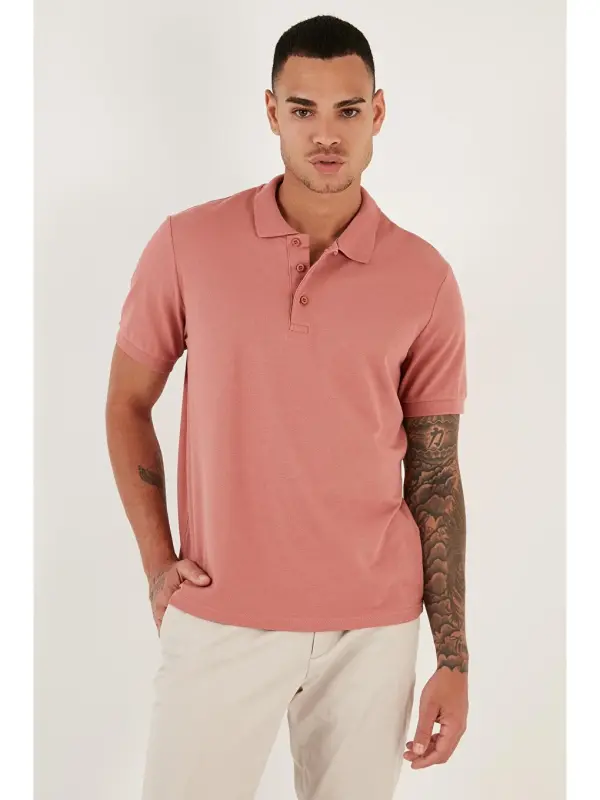 Pembe %100 Pamuk Düğmeli Regular Fit Polo Tişört 5902127-Pembe - 5