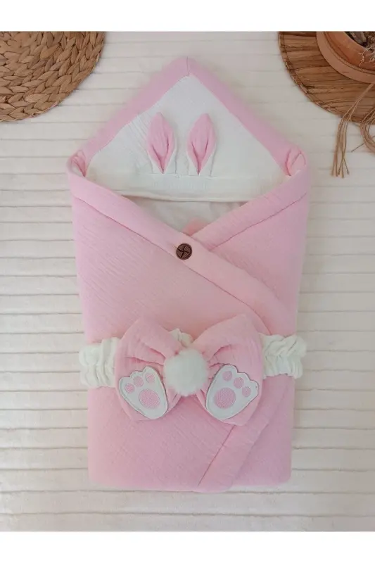 4 Kat Müslin Pembe Bebek Battaniyesi %100 Pamuklu Doğal Organik Uyku Kundağı Hastane Çıkışı-PEMBE - 2