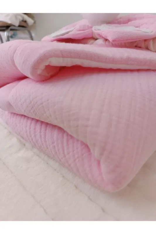 4 Kat Müslin Pembe Bebek Battaniyesi %100 Pamuklu Doğal Organik Uyku Kundağı Hastane Çıkışı-PEMBE - 4
