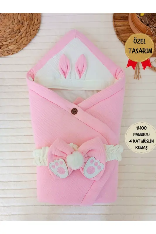 4 Kat Müslin Pembe Bebek Battaniyesi %100 Pamuklu Doğal Organik Uyku Kundağı Hastane Çıkışı-PEMBE - 8