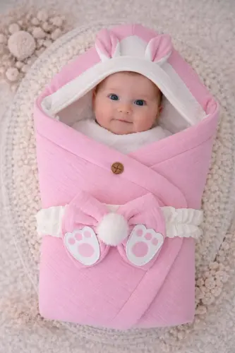 4 Kat Müslin Pembe Bebek Battaniyesi %100 Pamuklu Doğal Organik Uyku Kundağı Hastane Çıkışı-PEMBE - 1
