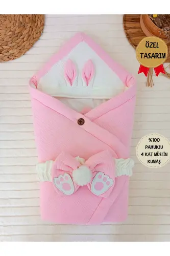 4 Kat Müslin Pembe Bebek Battaniyesi %100 Pamuklu Doğal Organik Uyku Kundağı Hastane Çıkışı - PEMBE - 9