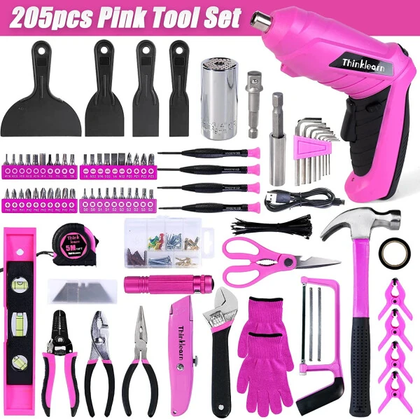 Pink Tool Set, 205 Piece Home Tool Kit with 3.6V Electric Screwdriver and Universal Sockets Tools, Pink Tool Kit with Storage Tool Bag, Tool Sets for Women, for Gift, Home Repair, Dorm- - 4